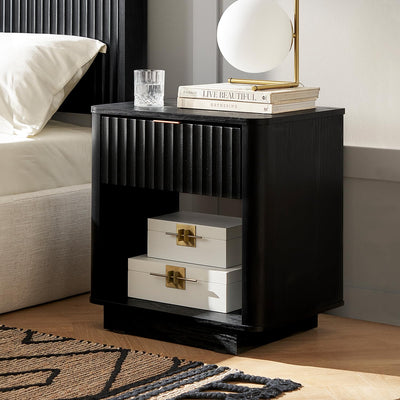 mopio Brooklyn Night Stand, Modern Farmhouse Nightstand, Small Side Table, Bedside Table with Drawer, End Table with Storage, Fluted Panel, Curved Profile (Black Oak, Single)