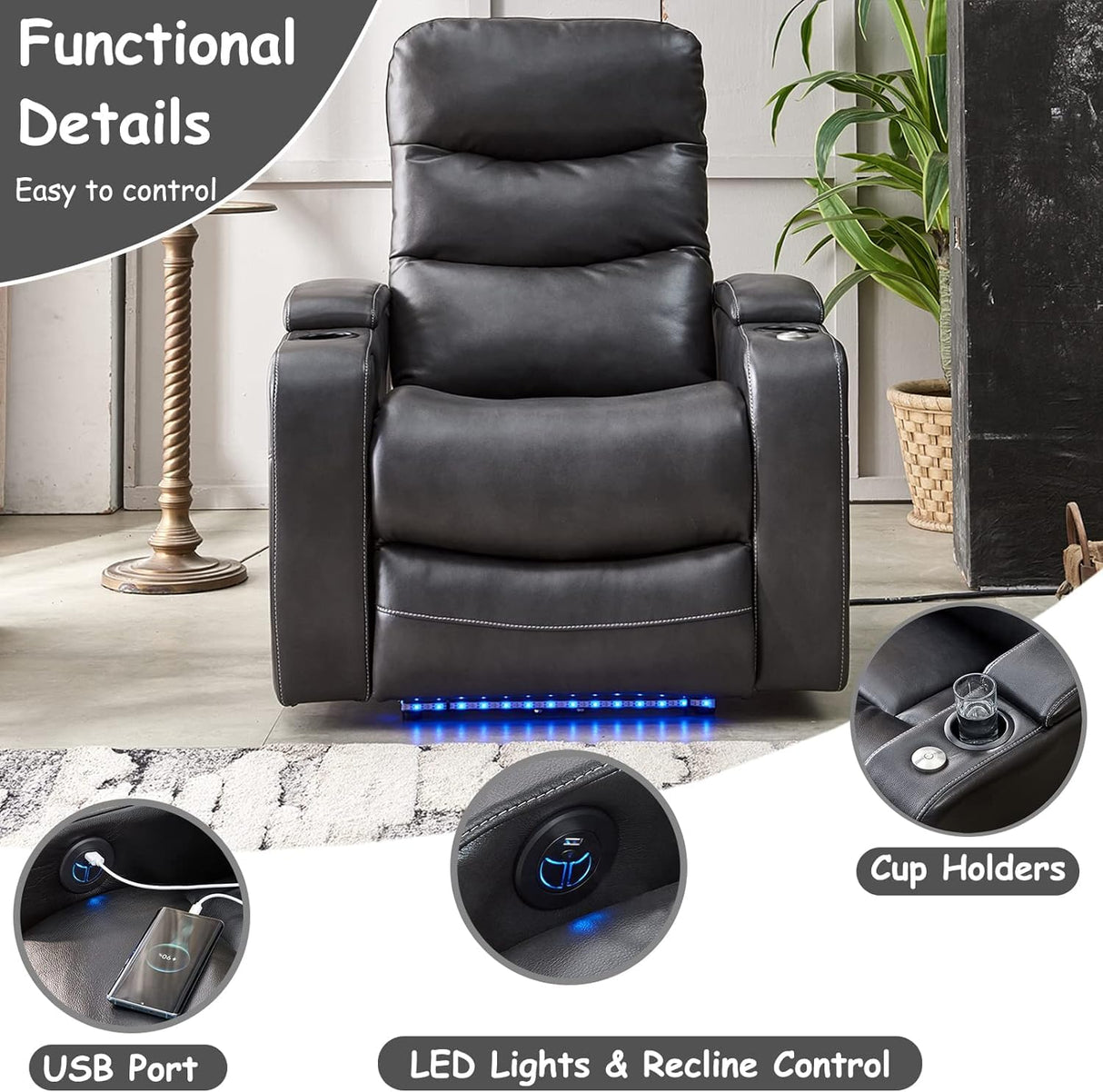 Electric Power Recliner Chair with LED Lights, Home Theater Seating with Swivel Tray Table, Faux Leather Recline Single Sofa Chair for Living Room with Hidden Arm Storage, Cup Holders, Grey, 1 Piece Comfort Stretch