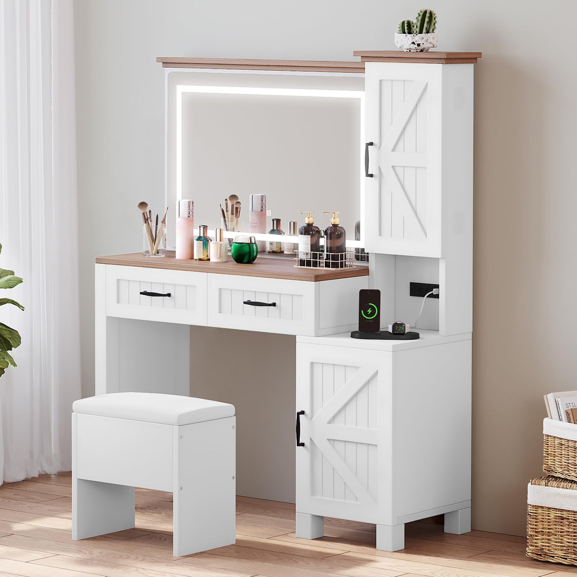 YITAHOME Farmhouse Vanity, Makeup Desk with Adjustable Lighted Mirror, Charging Station, Drawers, Cabinets, and Adjustable Shelves, Modern Vanity Desk with Stool - WoodArtSupply