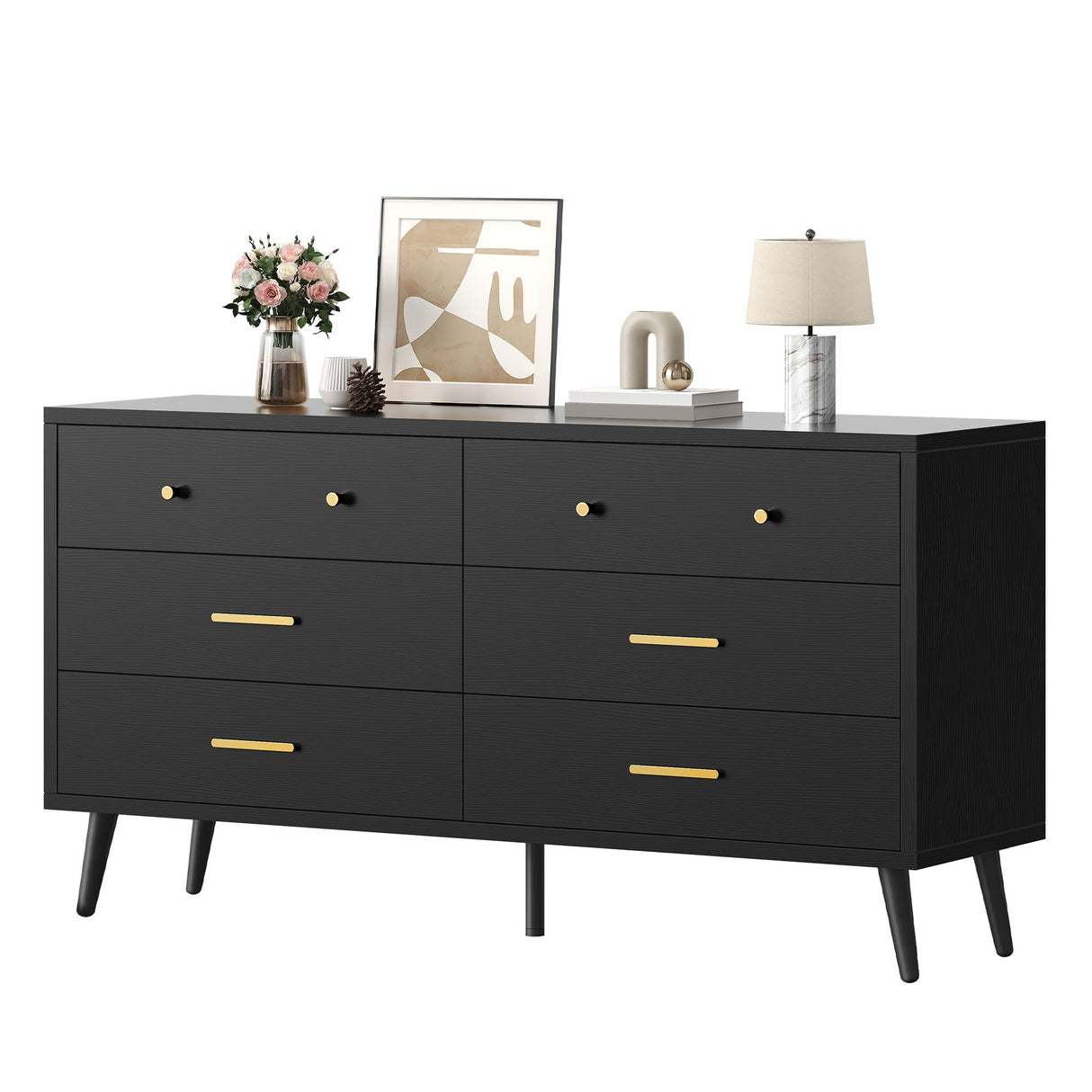 DWVO White 6 Drawers Dresser/Modern Wood Dresser Chest of Drawers with Black Metal Handle＆Anti-Tipping Device/Modern Double Drawer Storage Cabinet for Entryway/Living Room-15.7" Dx55.1 Wx31.1 H DWVO