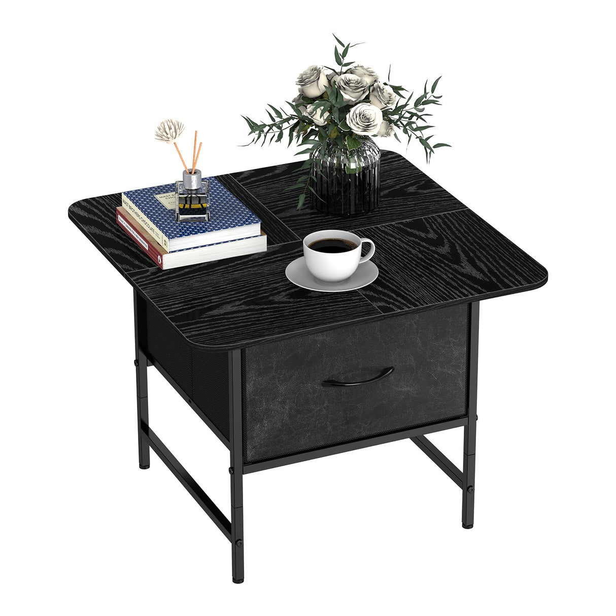 Shinoske Square Coffee Table with Storage Drawer,Small Black Coffee Tables for Living Room,2-Tier Farmhouse Center Table with Round Corners for Small Space,Apartment,Office Shinoske