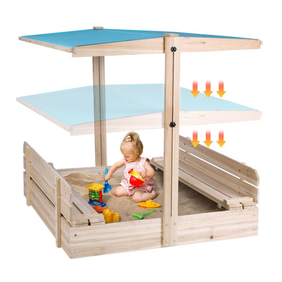 FUNTOK Kids Sandbox with Lid and Cover, Wooden Sandbox with Canopy UV-Resistant and Height Adjustable Roof, Sand Box with 2 Bench Seats for Backyard Outdoor Play(45.2x45.2in)