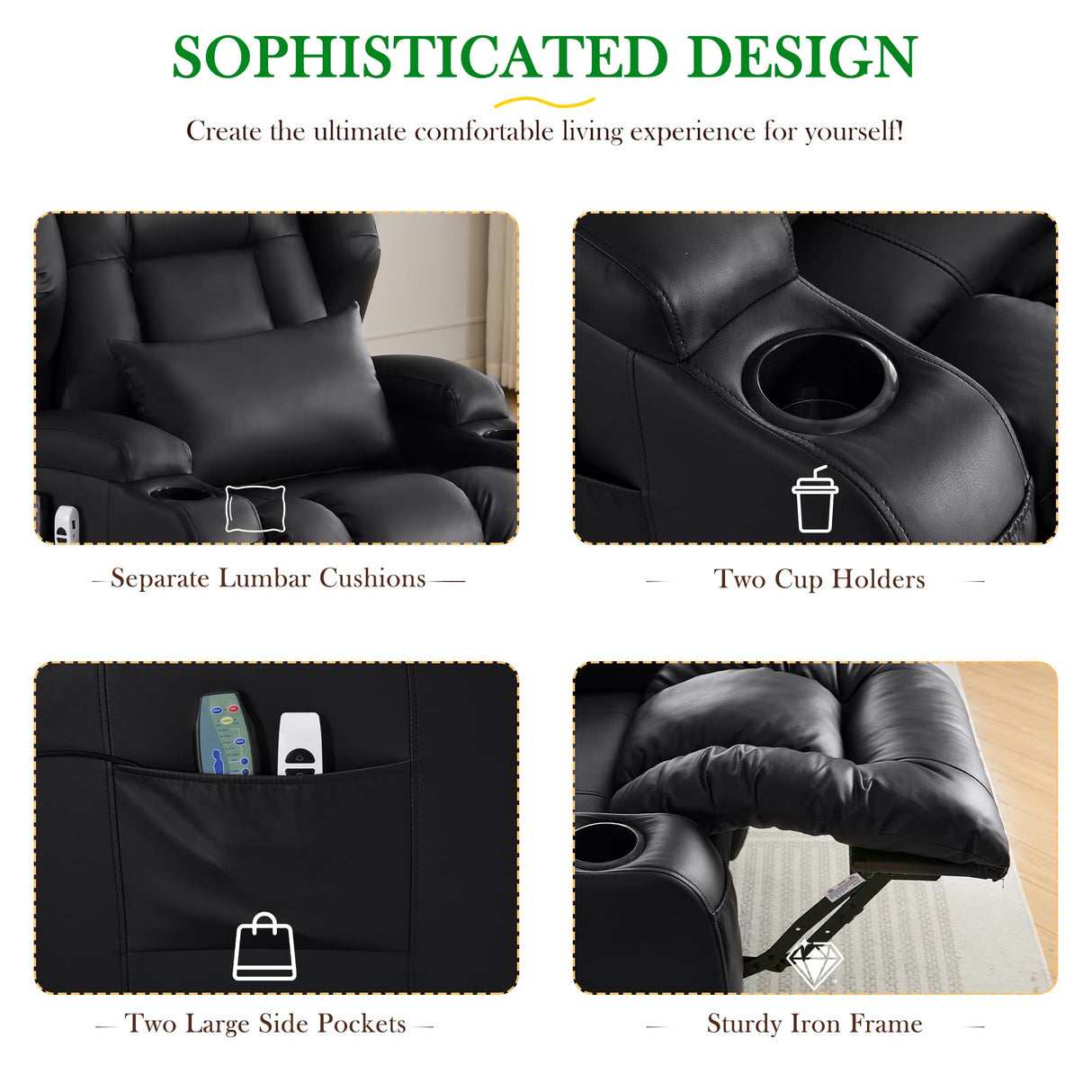 URRED Rocker Recliner Chair for Adults with Vibrating Massage and Heat, 270° Swivel Glider Rocking Chair Nursery Power Reclining Sofa with Ambient Lighting, Cup Holders, Faux Leather, Black URRED