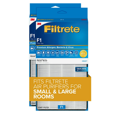 Filtrete F1 Room Air Purifier Filter, True HEPA Premium Allergen, Bacteria, & Virus, 12 in. x 6.75 in., 2-Pack, Works with Devices: FAP-C01BA-G1, FAP-T02WA-G1 and FAP-ST02N