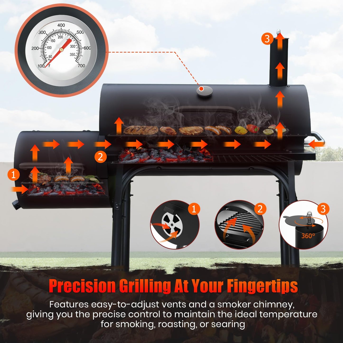 SUNLIFER Charcoal Grill Offset Smoker: Charcoal Barbecue Grills with Spacious Cooking Area | Barrel BBQ Grill and Smokers Combo for Outdoor Patio Backyard Camping and Parties