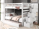 Bedz King Stairway Bunk Beds Full over Full with 4 Drawers in the Steps and a Twin Trundle, White Bedz King