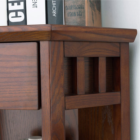 Leick Home Mantel Height Corner Bookcase with Drawer Storage, Made with Solid Wood, for Entryway, Living Rooms, Home Office, Bedroom, Mission Oak Finish, 12"D x 32"W x 50"H, Brownbronze Leick Home