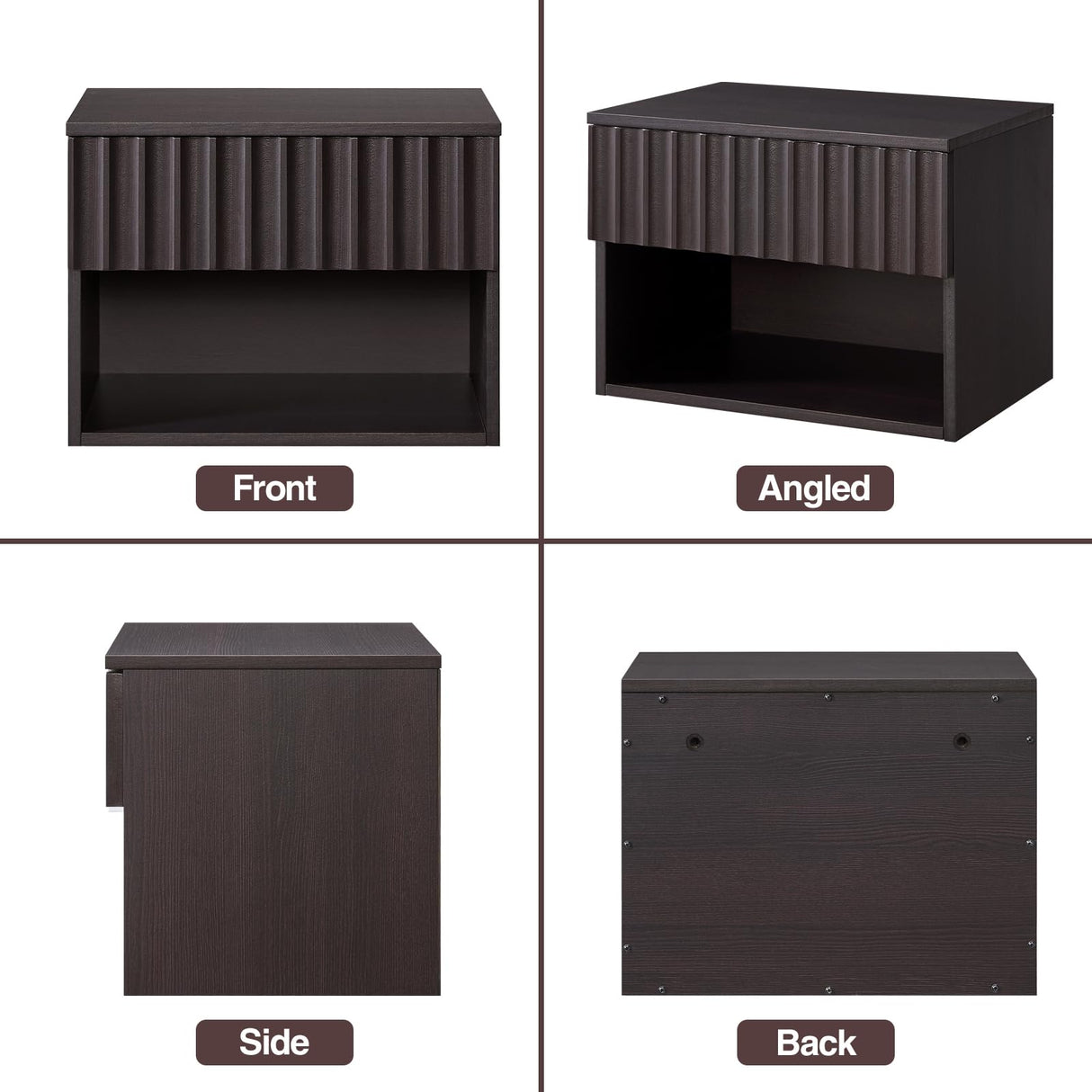 BuildHom Floating Nightstand with Fluted Drawer - Modern Wall Mounted Bedside Table with Open Storage Shelf, Small Night Stand TV Stand for Bedroom(Espresso) BuildHom