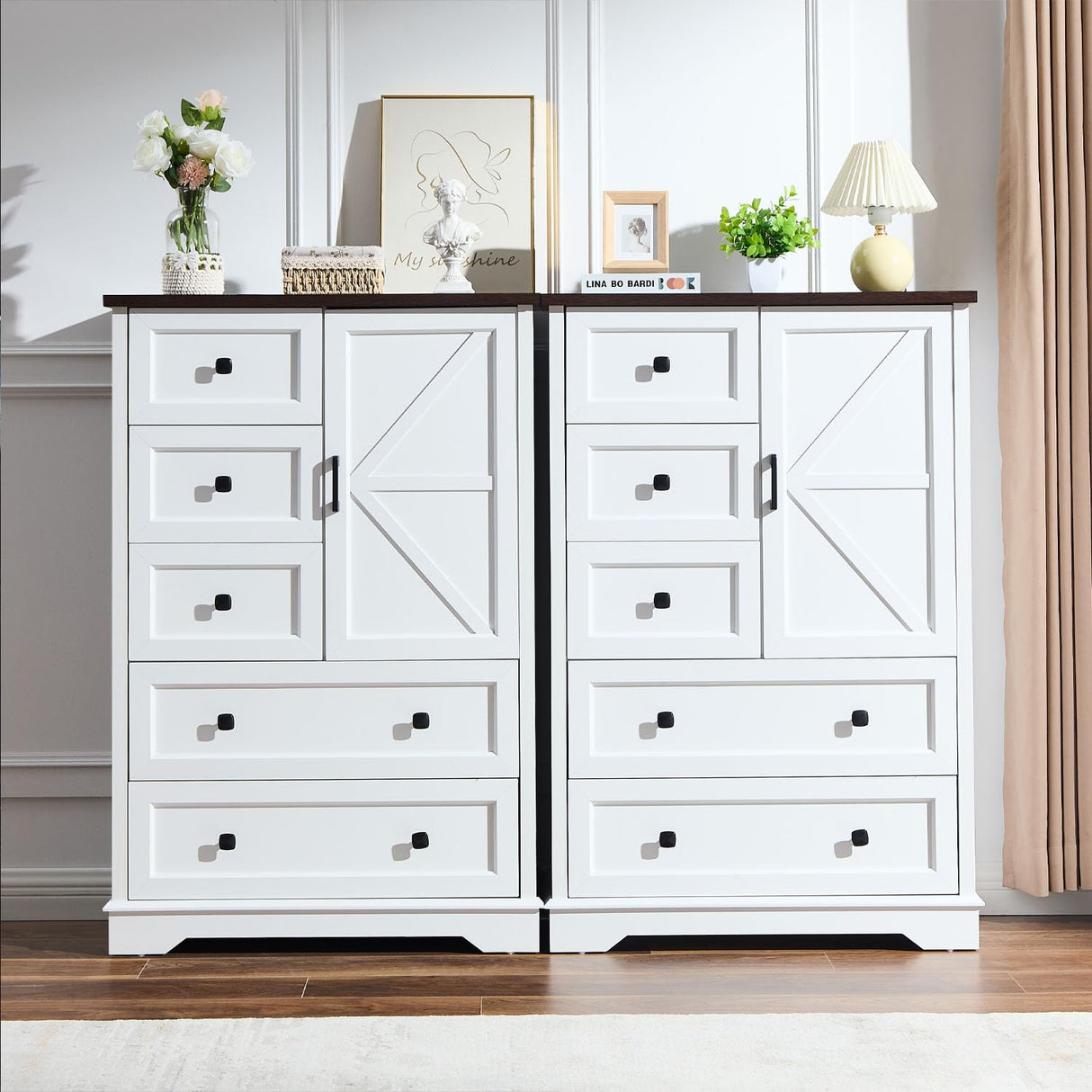 SOOWERY Dresser for Bedroom, Farmhouse Dresser with 5 Wooden Drawers and Storage Cabinet, 48 Inches Tall Chest of Drawers for Bedroom, Living Room, Hallway, White SOOWERY
