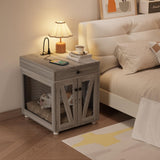 VOWNER Dog Crate Furniture, Wooden Dog Kennel End Table with USB Charging Station, Storage Drawer, Double Latched Door, Furniture-Style Crate Side Table for Small Dogs Under 25 lbs Indoor, Gray Pine VOWNER