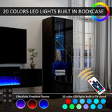 AMERLIFE High Gloss Living Room Entertainment Center with LED Lights, Including Floating Fireplace TV Stand with 36" Electric Fireplace & 2 Bookcases with Glass Doors, Black AMERLIFE