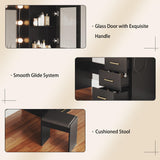 Makeup Vanity Desk with Mirror & Lights, 58.3" Makeup Vanity with Lights & Charging Station, Dressing Table Vanity Set for Bedroom, White Vanity Table with Cushioned Stool, 8 Drawers & 2 Cabinet Black TOKSOM