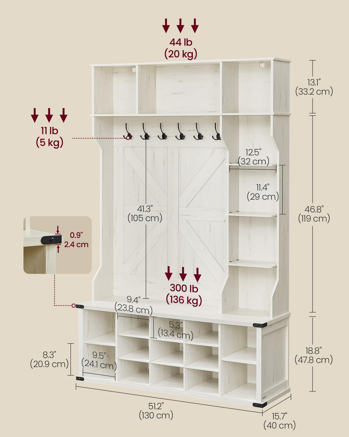 VASAGLE Hall Tree with Bench and Shoe Storage, Coat Rack with Shoe Bench, Entryway Furniture, 20 Open Compartments, 6 Tri-Hooks, Farmfouse Style, Space Saving, Rustic White UHSR440W01 VASAGLE