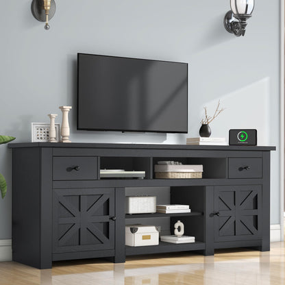 DWVO Farmhouse TV Stand, Entertainment Center with Power Outlet for TVs Up to 80 Inch, TV Console with Movable Partition & Storage Drawer, Rustic TV Stand for Living Room, Black