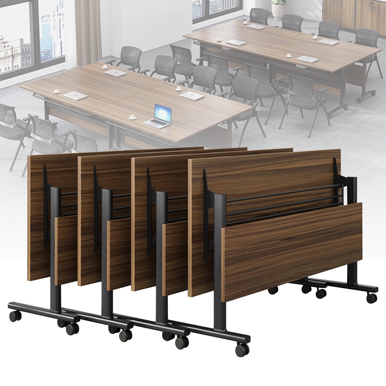 Conference Room Table,Folding Conference Table,Flip Top Rolling Mobile Table with Silent Locking Wheels,Modern Portable Seminar Training Meeting Table Business Tables (6 Pack, 70.9x21.7x29.5i - WoodArtSupply