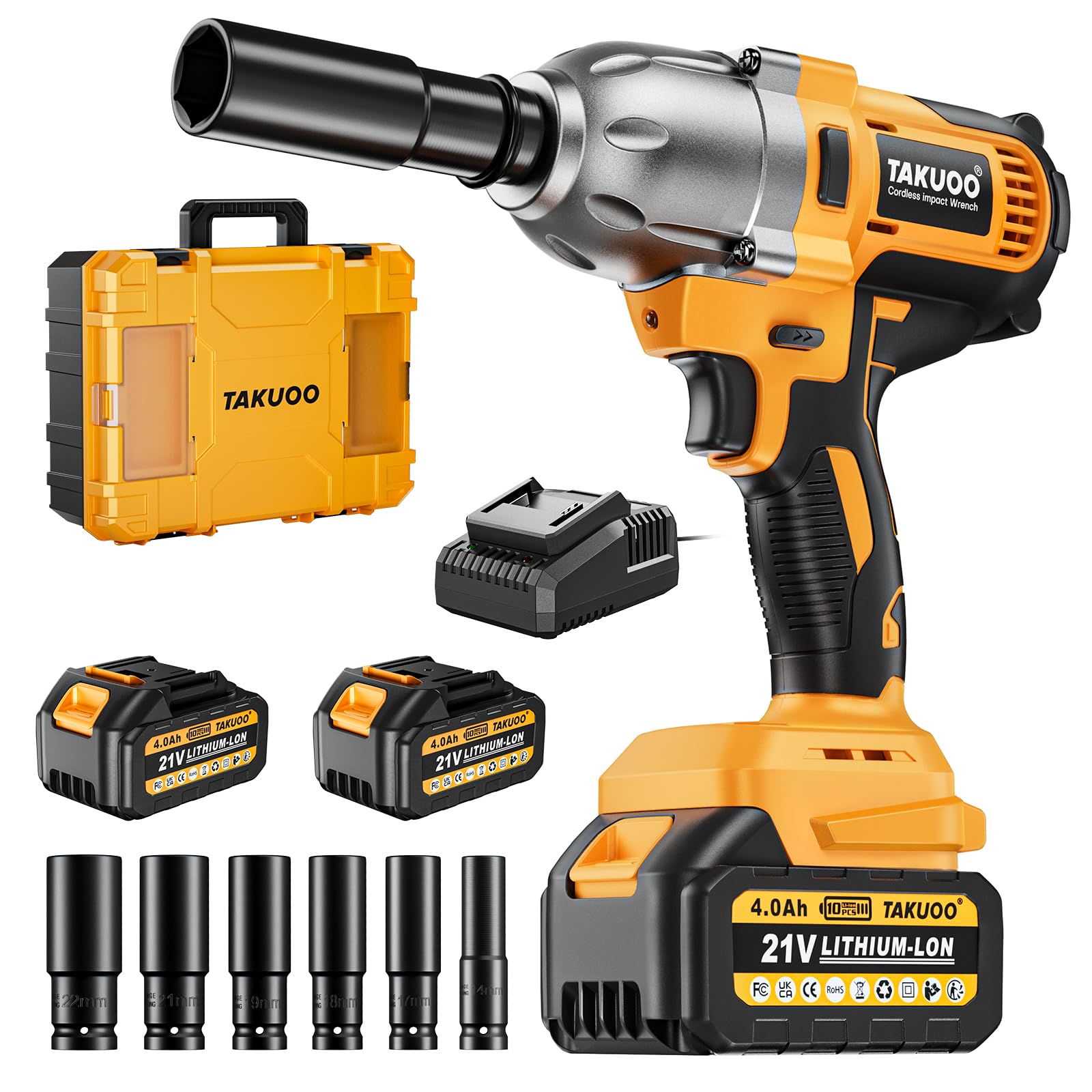 Takuoo Cordless 1/2 inch Brushless Impact Wrench, Max Torque (1000N.m) 740Ft-lbs Electric Impact Gun w/2x 4000mAh Battery, Charger & 6 Sockets, Power Impact Driver for Car Home - WoodArtSupply