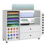 Craft Cart for Cricut Storage Organization, 42'' Rolling Craft Cabinet with 24 Vinyl Roll Holder and 2 Large Drawers Compatible with Cricut Machine White IDEALHOUSE