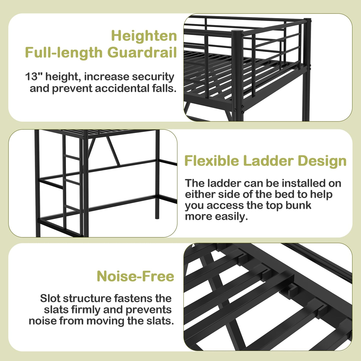 VECELO Metal Loft Bed Twin Size, Heavy Duty Bedframe with Removable Ladder and Safety Guardrail, Space-Saving, Noise Free, No Box Spring Needed, Black