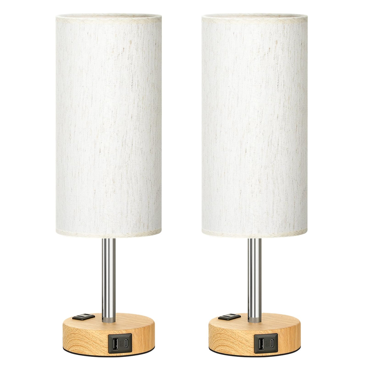 Touch Bedside Table Lamps Set - 3 Way Dimmable Bedroom Lamps Set of 2 with USB C and A Ports, Small Lamps for Nightstand with AC Outlet, Wood Base Round Flaxen Shade for Desk, Office, Dorm, Nursery PartageiZ