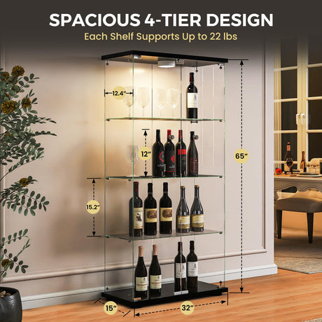 HAMBING Glass Display Cabinet with LED Lights and Lock, 4-Shelf Tempered Glass Curio Cabinet with 2 Doors, Collectible Display Showcase for Living Room, Bedroom – Black HAMBING