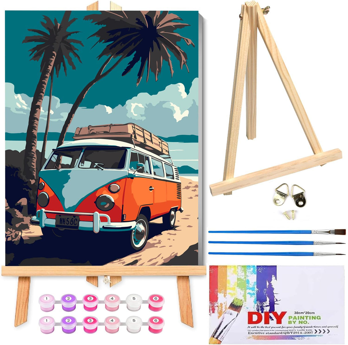 VIGEGU Paint by Numbers kit for Adults Beginner Framed - with Wooden Easel Gift Box,Paint by Numbers with Frame Beach Car DIY Adults' Paint-by-Number Kits for Wall Decor 12x16inch VIGEGU