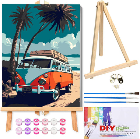 VIGEGU Paint by Numbers kit for Adults Beginner Framed - with Wooden Easel Gift Box,Paint by Numbers with Frame Beach Car DIY Adults' Paint-by-Number Kits for Wall Decor 12x16inch VIGEGU