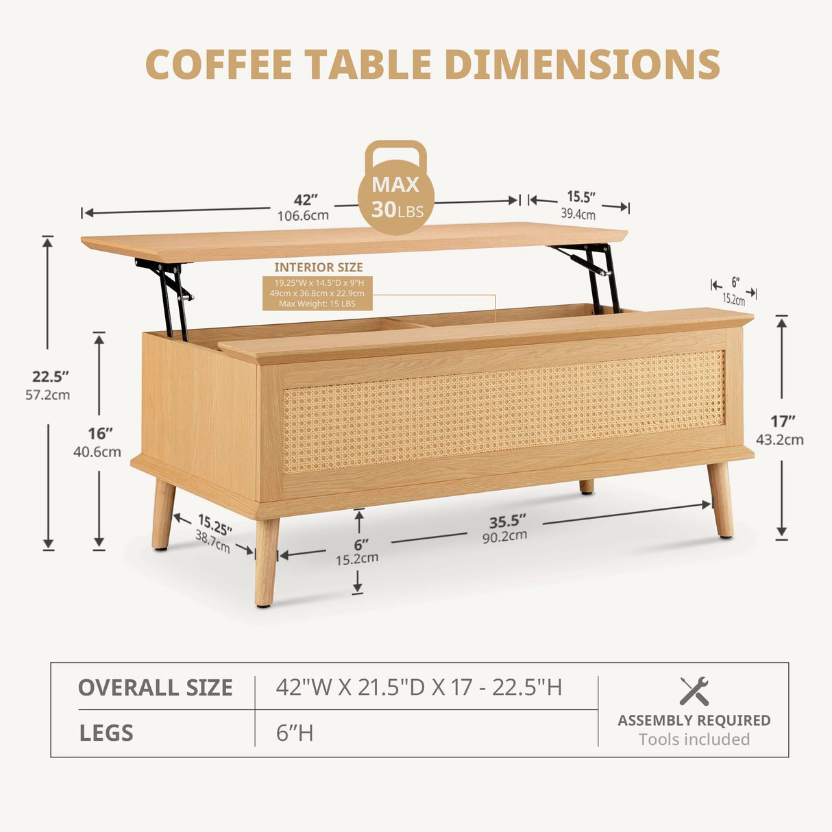 INK+IVY Coffee Table for Living Room Lift-Top Design with Storage, with Rattan Accent, Mid-Century Modern Décor Compact Furniture for Apartment, Home Office, 42" W, Natural INK+IVY