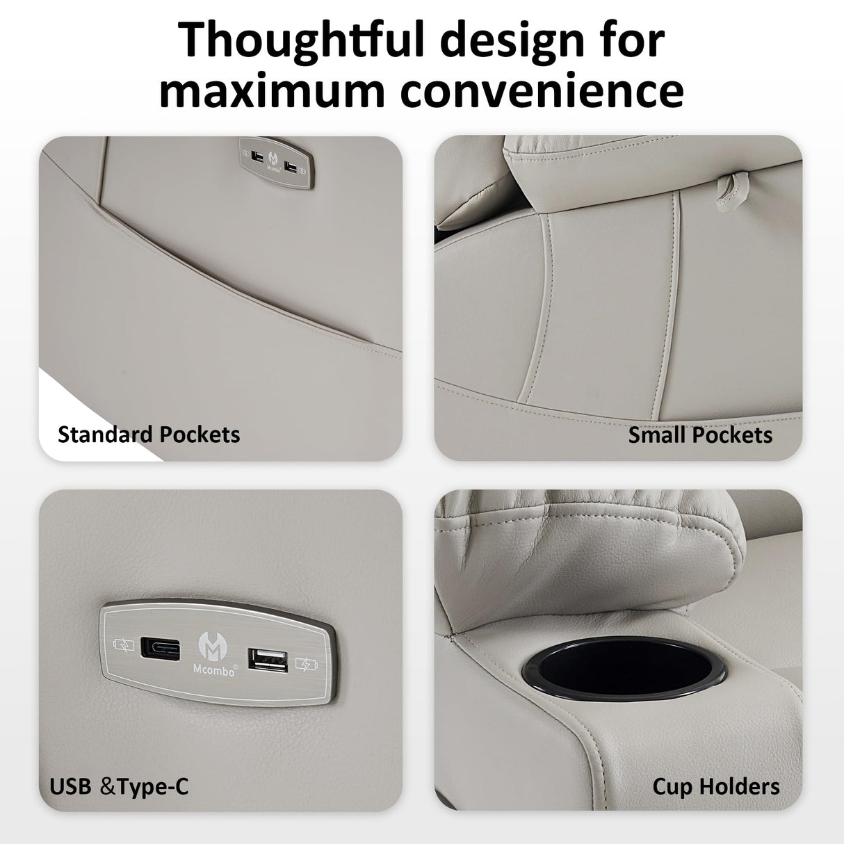 MCombo Large Triple Motor Power Lift Recliner Chair with Massage and Dual Heating, Adjustable Headrest for Tall Elderly People, Faux Leather 7634 (Light Grey, Large) MCombo