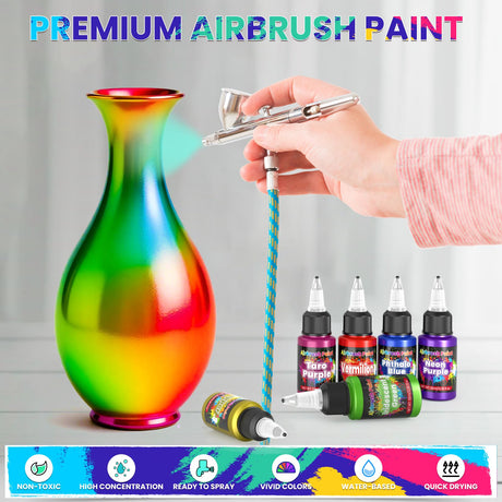 Airbrush Paint - 54 Colors with 2 Airbrush Thinners, Ready to Spray Air Brush Painting Set, Water Based Acrylic Paint for Model, Car, Metal, Fabric, Artists Beginners 4 Types of Colors ERCorArt