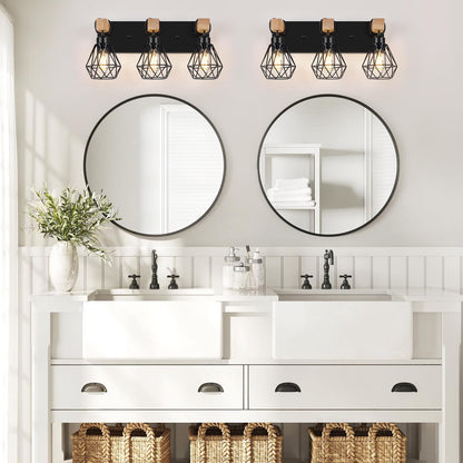 FadimiKoo 3-Light Farmhouse Bathroom Vanity Light Fixtures, Wood Bathroom Lighting Over Mirror, Black Vanity Lights with Metal Lampshade, Vintage Wall Light Fixtures for Bedroom, Living Room, - WoodArtSupply