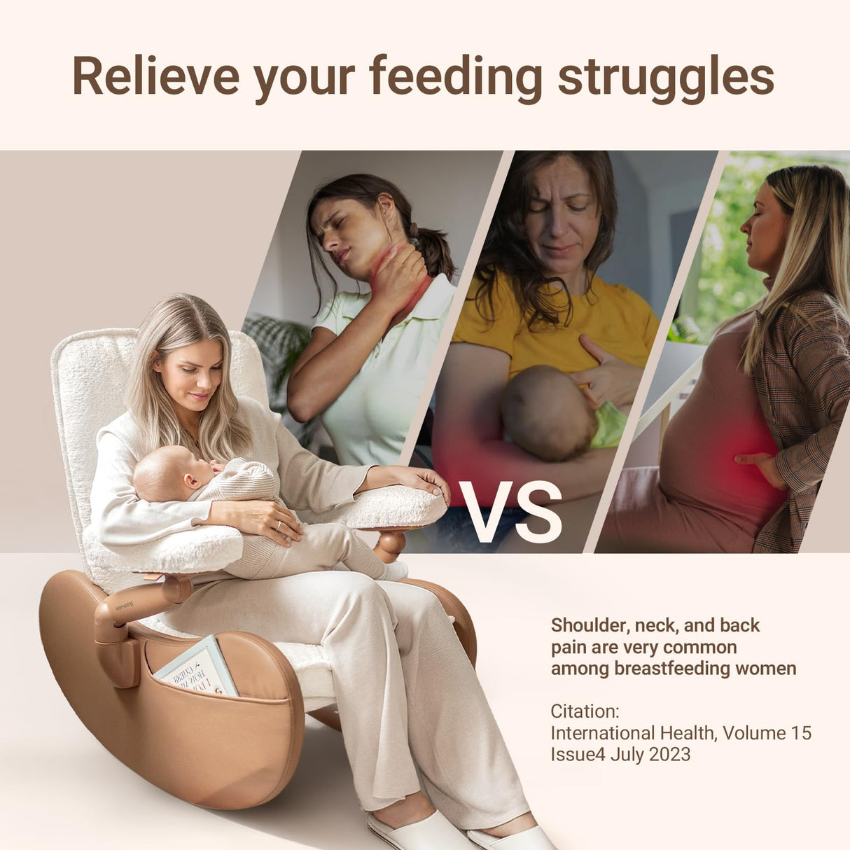 MAMAZING Nursery Rocking Chair Glider with Adjustable Armrests for Breastfeeding, Upholstered Nursing Chair with Removable Cover for Mom and Baby(Brown/Beige) MAMAZING