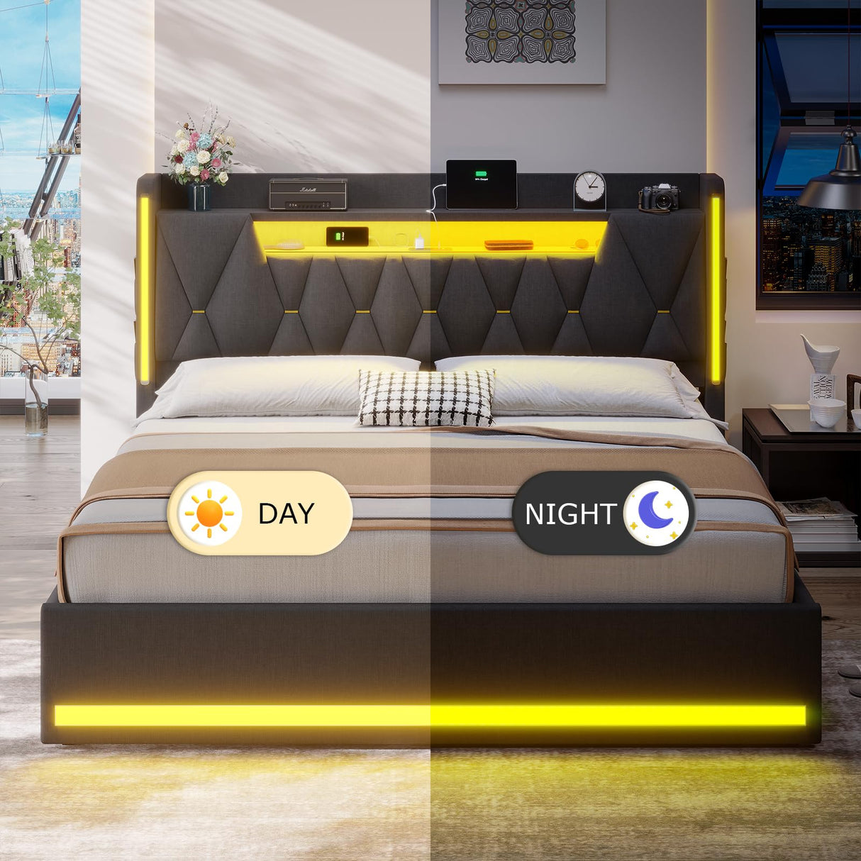 BYSAUD King Size Bed Frame with LED Lights & Charging Station, LED King Bed with Hidden Space and 2-Tier Shelves, Upholstered Metal Bed Frame with Headboard, No Box Spring Needed, Dark Gray, Linen BYSAUD