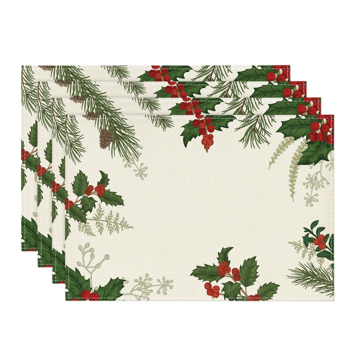 Artoid Mode Holly Pine Cone Christmas Placemats Set of 4, 12x18 Inch Seasonal Winter Table Mats for Party Kitchen Dining Decoration Artoid Mode