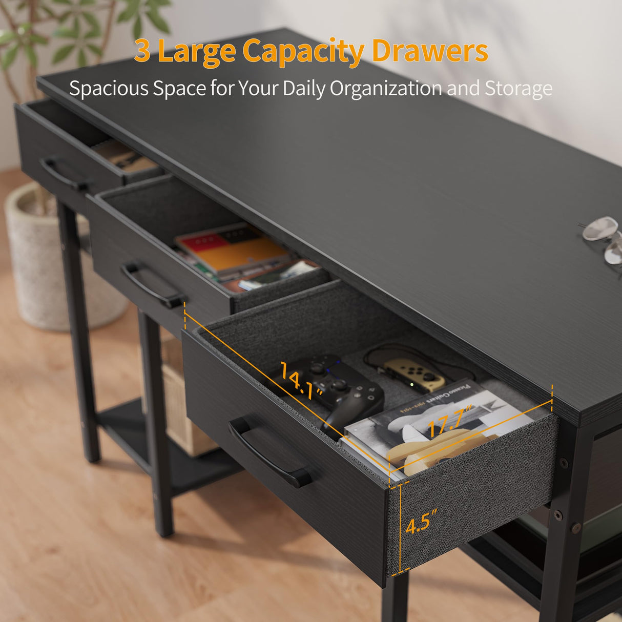 CubiCubi 47 Inch Computer Desk with 3 Drawers and Storage Shelves, Small Home Office Desk, Study Writing Table, Simple Desk for Bedroom, Black CubiCubi