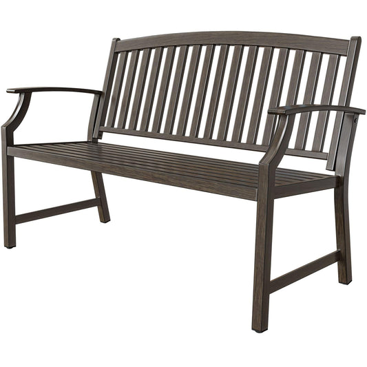 Grand patio Farmhouse Outdoor Bench, Garden Benches with Anti-Rust Aluminum Powder Coated Frame, Faux Wood Grain Finish Frame Patio Bench for Front Porch, Northwoods Brown