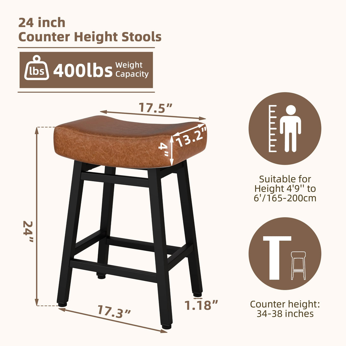 LONXIU Counter Height Bar Stools Set of 3, 24 Inch Backless BarStools for Kitchen Island Leather Saddle Bar Chairs Kitchen Stools with 4" Thick Seats & Heavy Duty Metal Base, Brown LONXIU