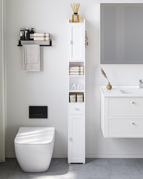 HEXCELEN Narrow White Bathroom Storage Cabinet with Doors, Drawer, and Adjustable Shelf HEXCELEN
