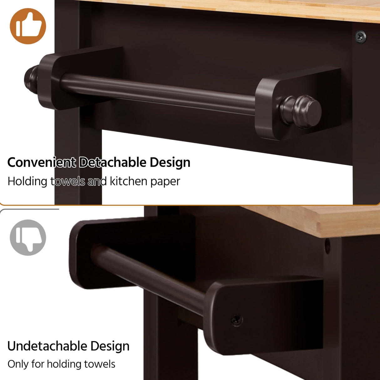 Yaheetech Kitchen Island Cart on Wheels with Bamboo Tabletop, 3-Tier Rolling Kitchen Island Microwave Cart with Drawer, Detachable Towel, 3 Hooks, 17″D × 37.5″W, Espresso Yaheetech