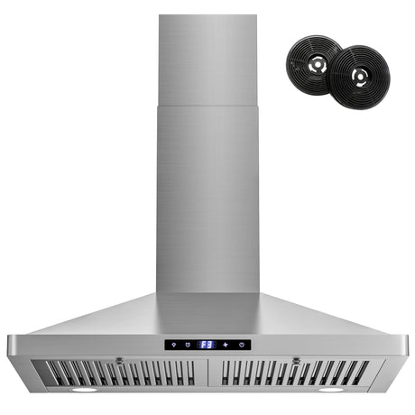 FIREGAS Range Hood 30 inch Wall Mount,450 CFM Ducted/Ductless Range Hood with Stainless Steel,Stove Hood Vent for Kitchen with 3 Speed Fan,Permanent Filters,Led Lights,Digital Touch,Charcoal Filter FIREGAS