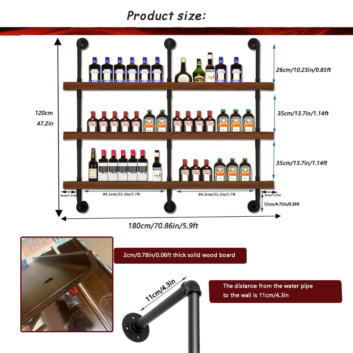 Dawselod 70.8in Large Wine Rack with LED Light Solid Wood Wall Mounted Wine Rack, 3-Tiers Liquor Bottles Floating Shelves Display Storage Organizer for Home Bar & Dining Room (180cm/70.8in) Dawselod