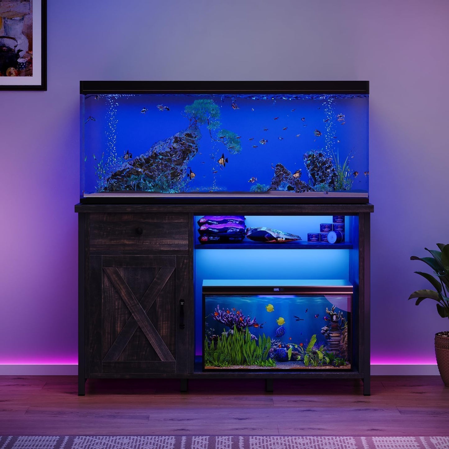 4ever2buy 55-75 Gallon Aquarium Stand with Power Outlets & LED Light, Metal Frame Fish Tank Stand with Drawer & Barn Door, Turtle Reptile Terrariums Stand with Fish Tank Accessories Storage, Dark Oak