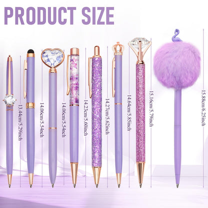 WEMATE 8Pcs Ballpoint Pens Set Metal Crystal Diamond Pen Glitter Pen for Journaling Purple Pens Bling in Black & Blue Ink Pretty Cute Pens Fancy Pens Gifts for Women Wedding School Office Desk(Purple)