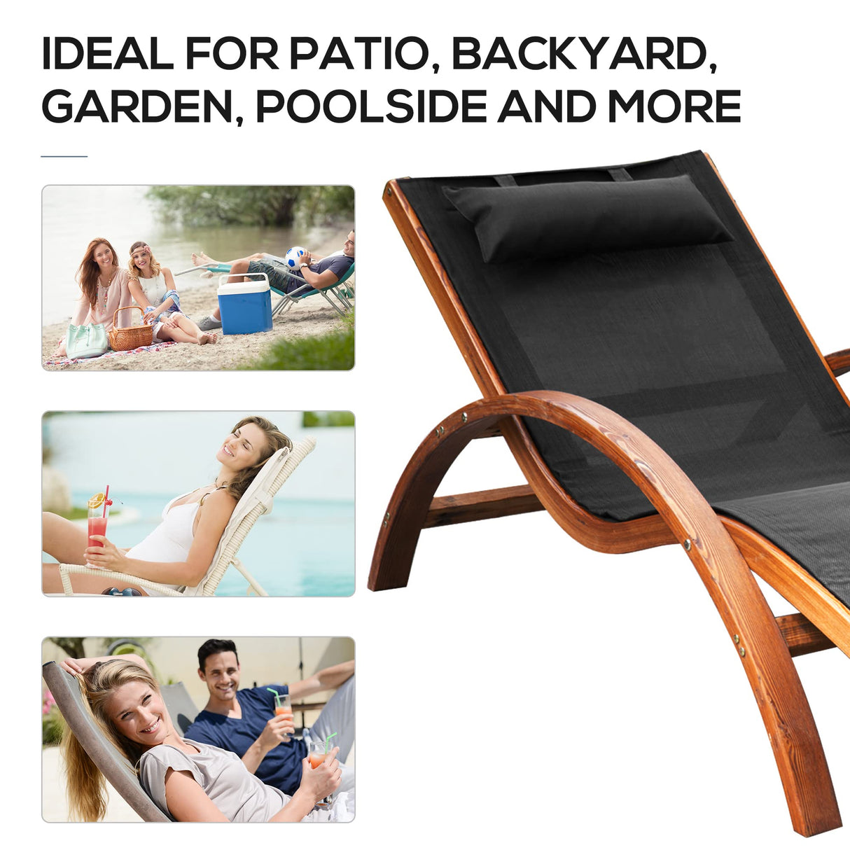 Outsunny Outdoor Chaise Wood Lounge Chair with Pillow, Armrests, Breathable Sling Mesh and Comfortable Curved Design for Patio, Deck, and Poolside Outsunny
