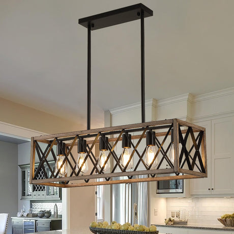 Farmhouse Dining Room Light Fixtures,Rustic Vintage Antique Linear Chandeliers for Dining Room,Kitchen Island,Bar,Office Coffee Shop,Oak White and black Adjustable Hanging Pendant Light 6-Lights Pretoy
