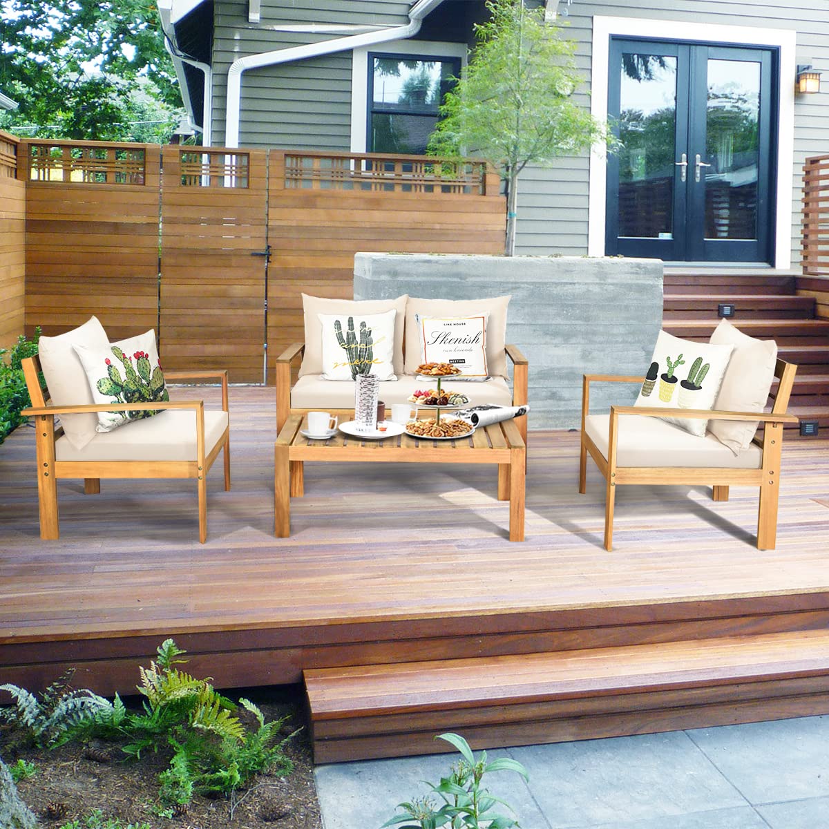 COSTWAY 4 Pieces Outdoor Acacia Wood Sofa Set, Outdoor Conversation Sofa Set with Table & Cushions Porch Chairs for Garden, Patio, Deck