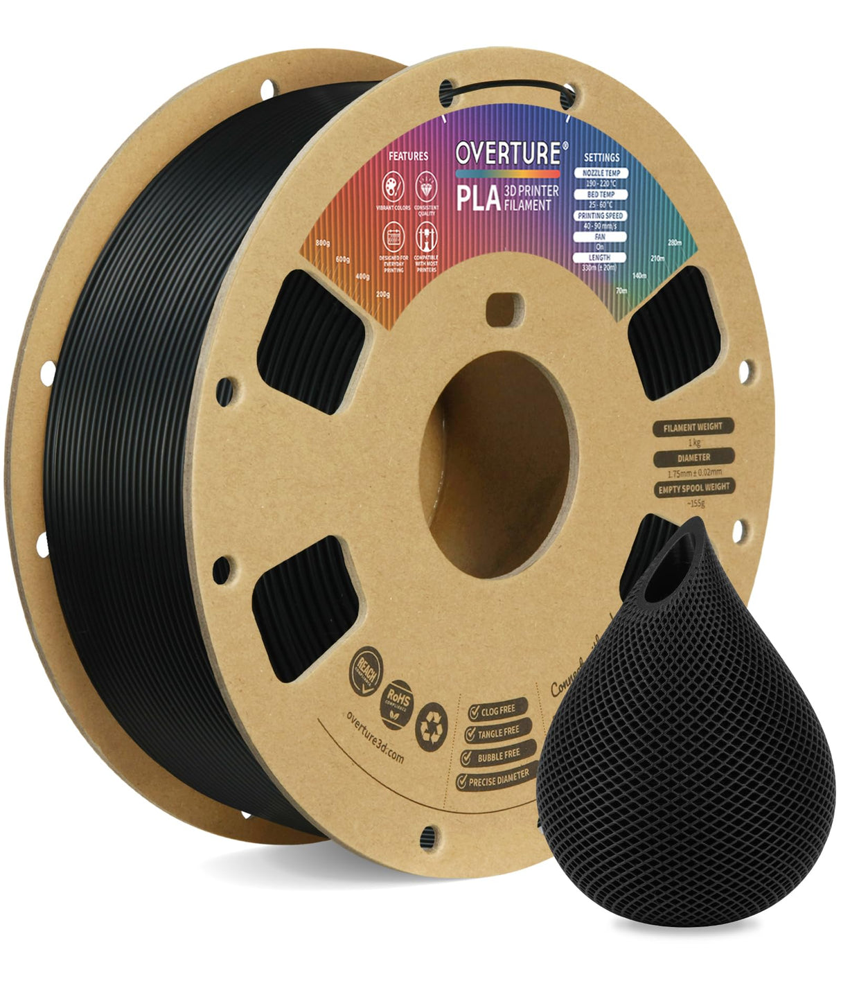 OVERTURE PLA Filament 1.75mm PLA 3D Printer Filament, 1kg Cardboard Spool (2.2lbs), Dimensional Accuracy +/- 0.02mm, Fit Most FDM Printer (Black 1-Pack) OVERTURE