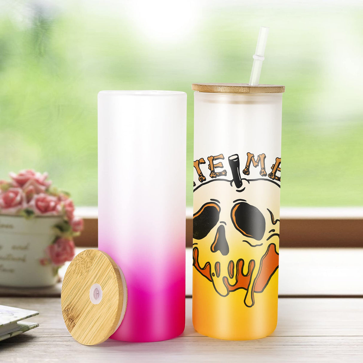 AGH 25 oz Sublimation Glass with Bamboo Lid, 6 Pack Frosted Sublimation Beer Can Glass, Gradient Color Material, Suitable for Beer, Juice, Ice Water, Drinks, Etc. AGH