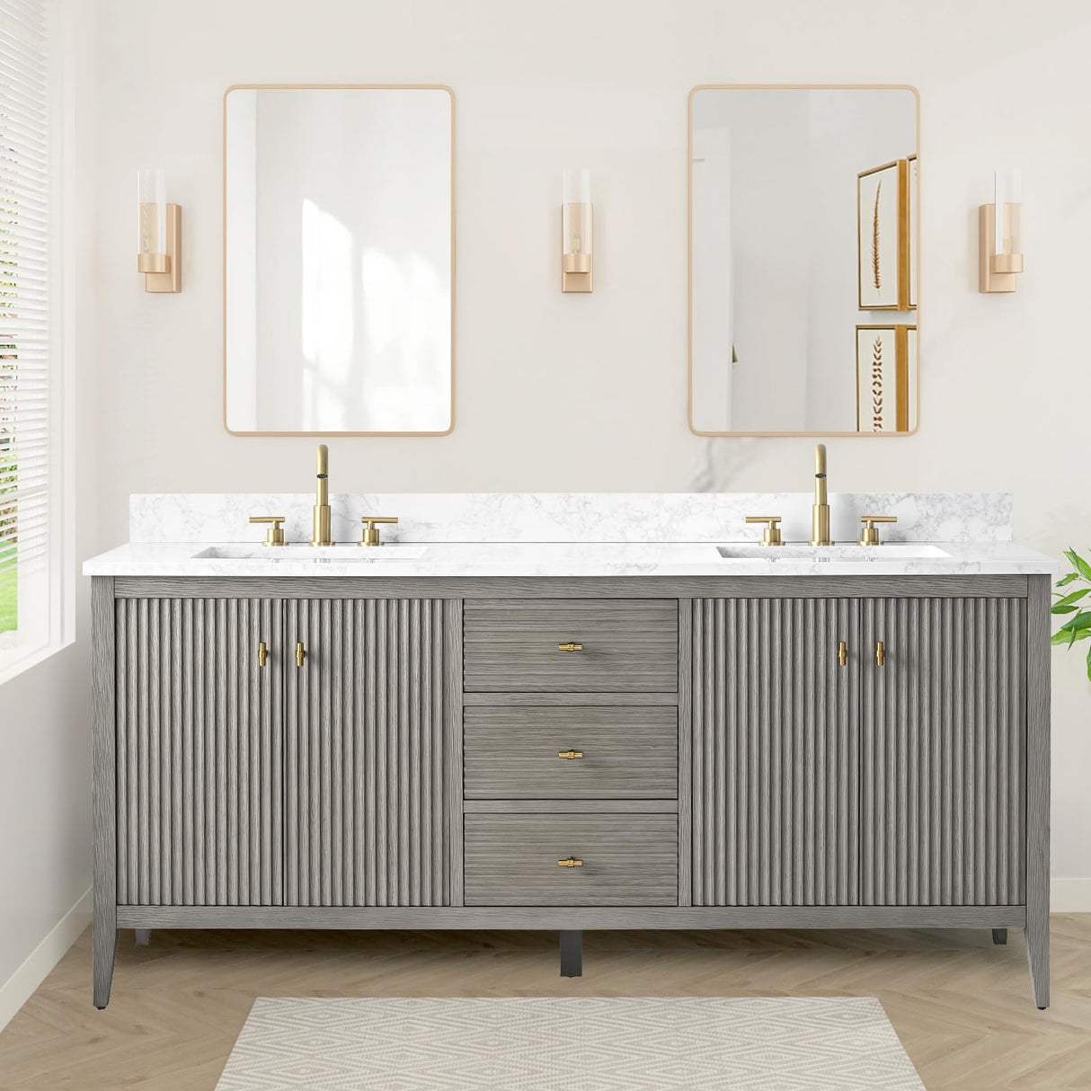 HOMEBEYOND 72" Bathroom Vanity with Double Sink, Solid Wood Bathroom Vanity Free-Standing Cabinet, Ceramic Top & Soft Closing Door, Golden Brushed Handware, Driftwood Gray HOMEBEYOND