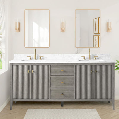 HOMEBEYOND 72" Bathroom Vanity with Double Sink, Solid Wood Bathroom Vanity Free-Standing Cabinet, Ceramic Top & Soft Closing Door, Golden Brushed Handware, Driftwood Gray