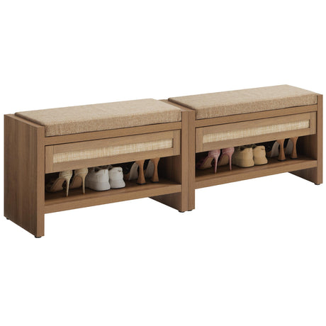 SICOTAS Rattan Shoe Bench Entryway Bench with Storage Drawer and Linen Seat Cushion, Farmhouse Boho Shoe Rack Bench with Shelf, Wooden Storage Bench for Entryway Hallway and Bedroom, Natural Oak, 2PCS SICOTAS